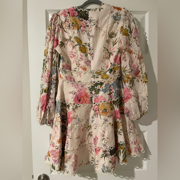 Zimmermann Floral Tiered Mini Dress in Cream with Pink Yellow and Blue Accents